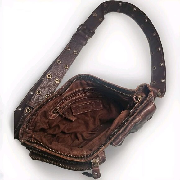 Soft Leather FREE PEOPLE Wade Brown Leather Sling Crossbody Bag Grommets - Picture 6 of 13